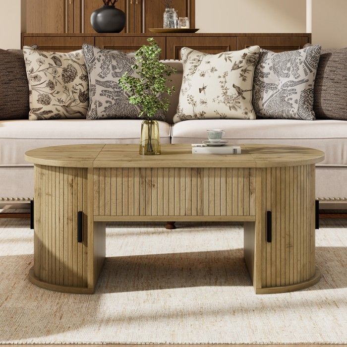 Table Basse Relevable Ovale Decor Chene Table De Salon Retro FloraGrace Pour Salon Et Bureau Avec Rangement Cache 100x50x40 5cm