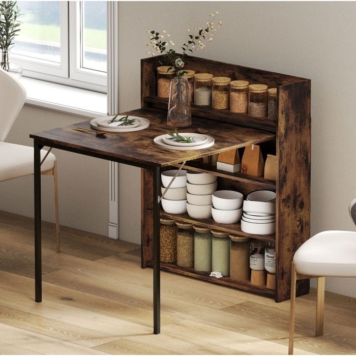 Table de cuisine pliante avec etageres 80 x 90 x 93 cm style industriel marron rustique