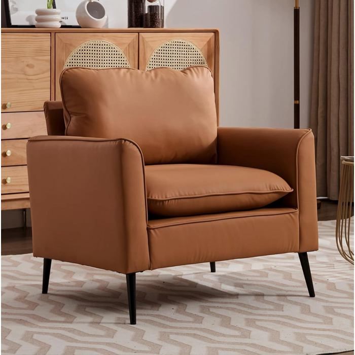 Fauteuil 1 place avec accoudoirs et coussins de soutien - BEAUNIV - style scandinave vintage simili cuir marron