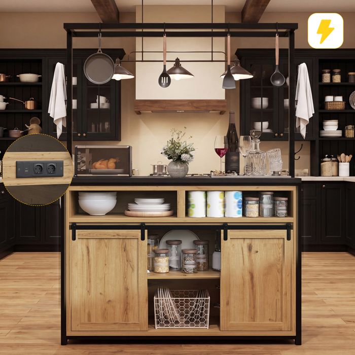Îlot de cuisine 107x62x183cm avec plan de travail étagère suspendue prises intégrées portes coulissantes et rangements bois noir