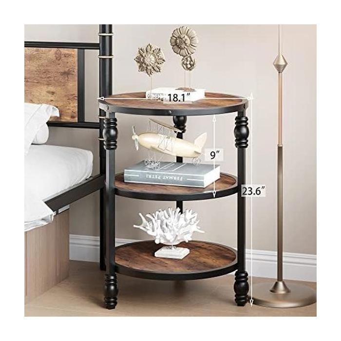 Table chevet ronde ferme 3 niveaux pied métal marron rustique salon chambre mobilier accent