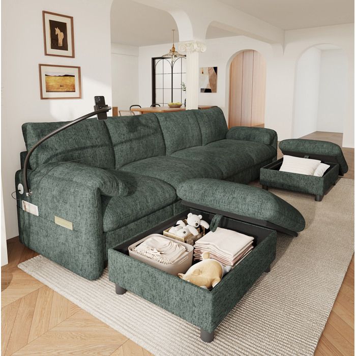 Canape DAngle 6 Places En Chenille Verte Sofa Modulable FloraGrace Pour Salon USB Type-C Et Rangement 273 5x133x81cm