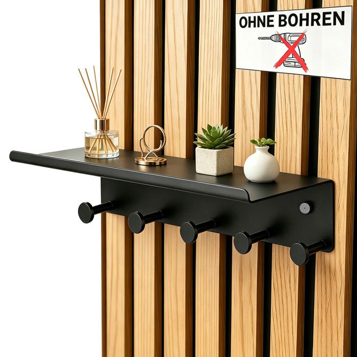 Étagère murale pour panneaux acoustiques - 40 x 14 cm - Sans perçage - Avec crochets - En métal noir mat - Accessoires