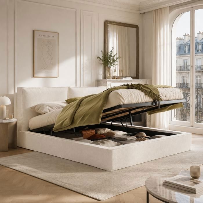 Lit Coffre 180 x 200 cm en Bouclé Beige Lit Rembourré avec Sommier Relevable Hydraulique et Tête de Lit Haute