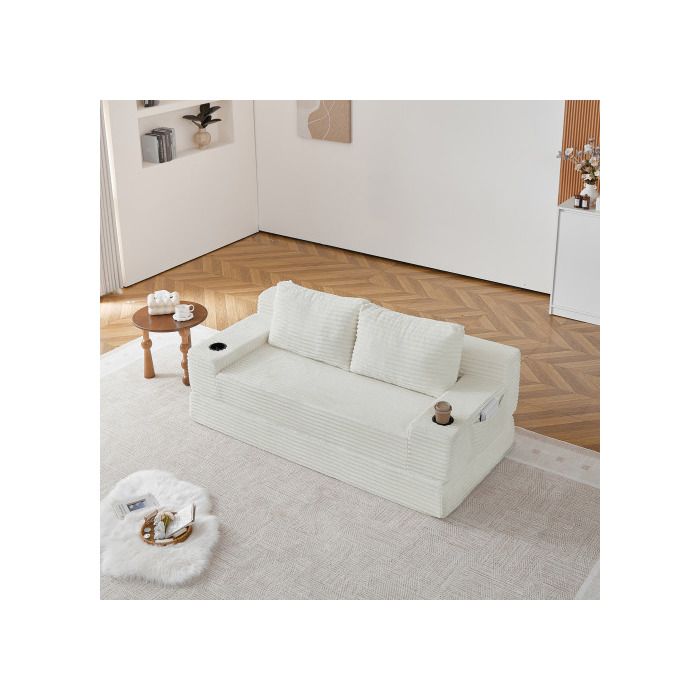 MEULVA Canapé convertible 2 places en velours côtelé beige porte-gobelets et poches latérales