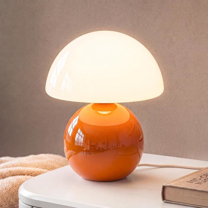 Lampe de chevet en forme de champignon LED à intensité variable décorative base en céramique et verre orange