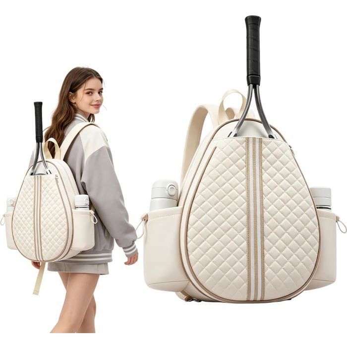 Sac de tennis - Sac à dos étanche de grande capacité pour raquette de padel et badminton avec crochet (Beige 32x12x42 cm)