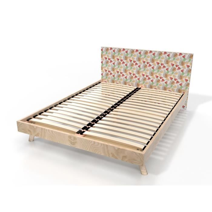 lit scandinave viking abc meubles en bois massif 160x200 vernis naturel/décor fruits - sommier à lattes intégré