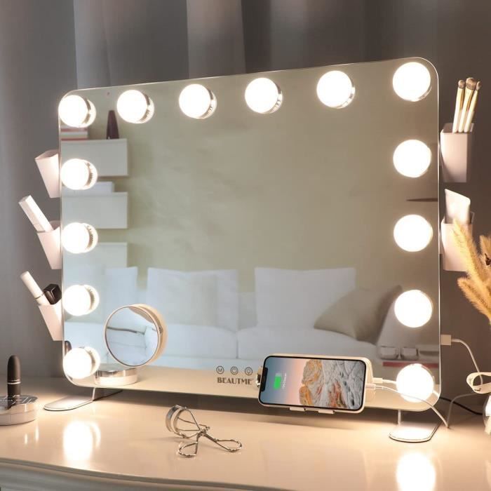 Melur Hollywood Miroir de maquillage lumineux avec lumières LED Argenté pour coiffeuse de maquillage miroir cosmétique professionnel éclairé avec 12 ampoules à intensité variable incluse 