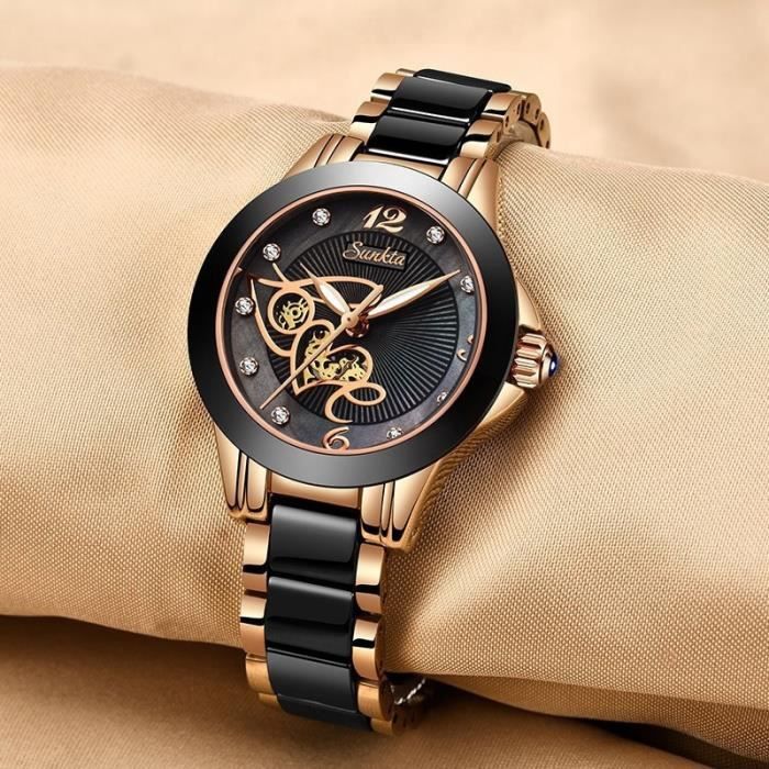 Montre femme design luxe analogique bracelet maillons noire et