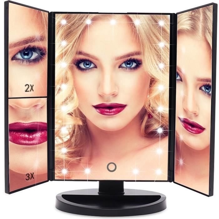Grossissant Miroir de Maquillage Lumineux Noir Table de Miroir LED Lumi/ères Cosm/étique Triple Pliable Rotation /à 180 Degr/és avec 1X 2X 3X Grossissant Miroir LED avec Ecran Tactil C/âble USB