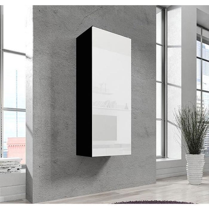 Armoire murale 1 porte 40 x 126 x 29cm Noir et Blanc Finition brillante 3 compartiments Rangement NORA V1 Armoire murale 1 porte 40 x 126 x 29cm Noir et Blanc Finition brillante 3 compartiments Rangement NORA V1