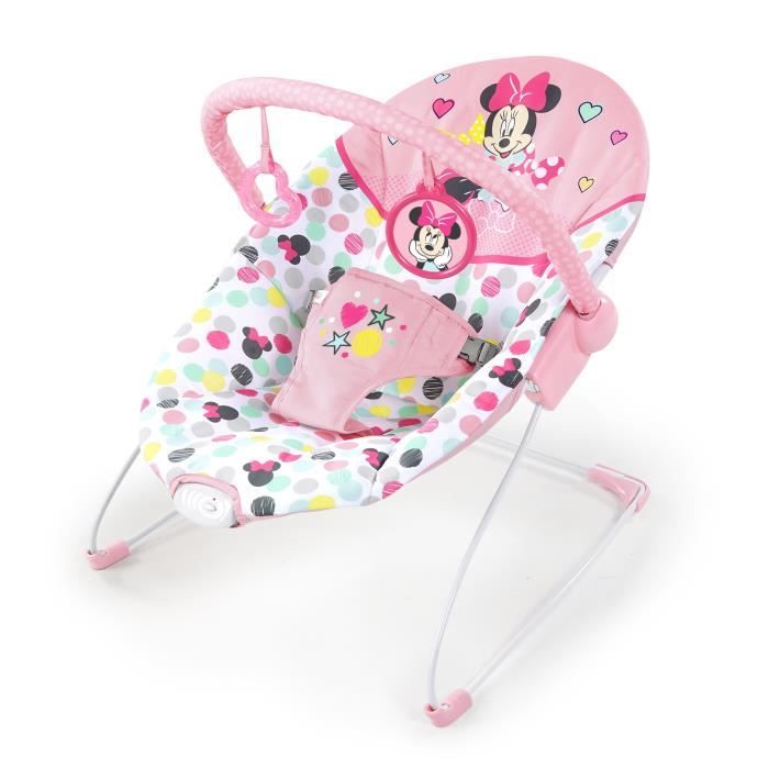Dès la Naissance Bright Starts Minnie Mouse Spotty Dotty Disney Baby Transat avec Vibrations Deux Jouets Roses Inclus Coussin de Siège Lavable en Machine 