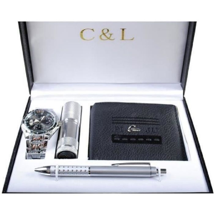 coffret cadeau montre homme + portefeuille + lampe