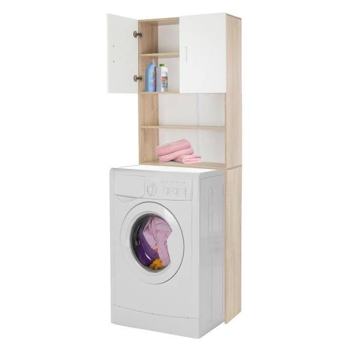 ecd germany meuble pour machine à laver 190x62,5 cm blanc/chêne sonoma 2 portes 2 compartiments ouverts armoire