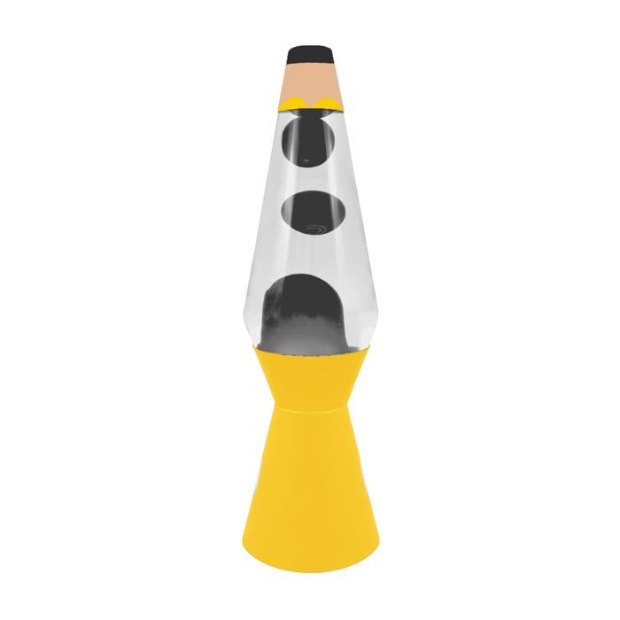 lampe à lave "pencil". base jaune, liquide transparent et lave noire. dimensions: 11,5 cm x 11,5 cm x 40 cm - fisura