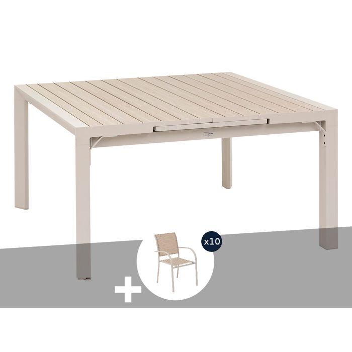Table de jardin carrée extensible alu Evasion 8/10 places Beige/lin + 10 fauteuils - Hespéride Table de jardin carrée extensible alu Evasion 8/10 places Beige/lin + 10 fauteuils - Hespéride