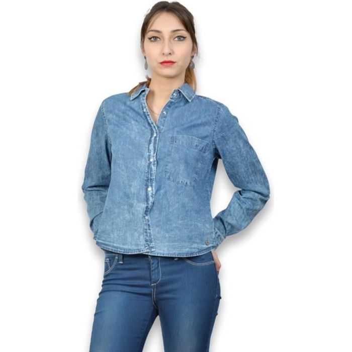 Chemise en jean femme TIFFOSI Chemise en jean delave courte et ajustee Manches longues Bleu Bleu Cdiscount Pret a Porter
