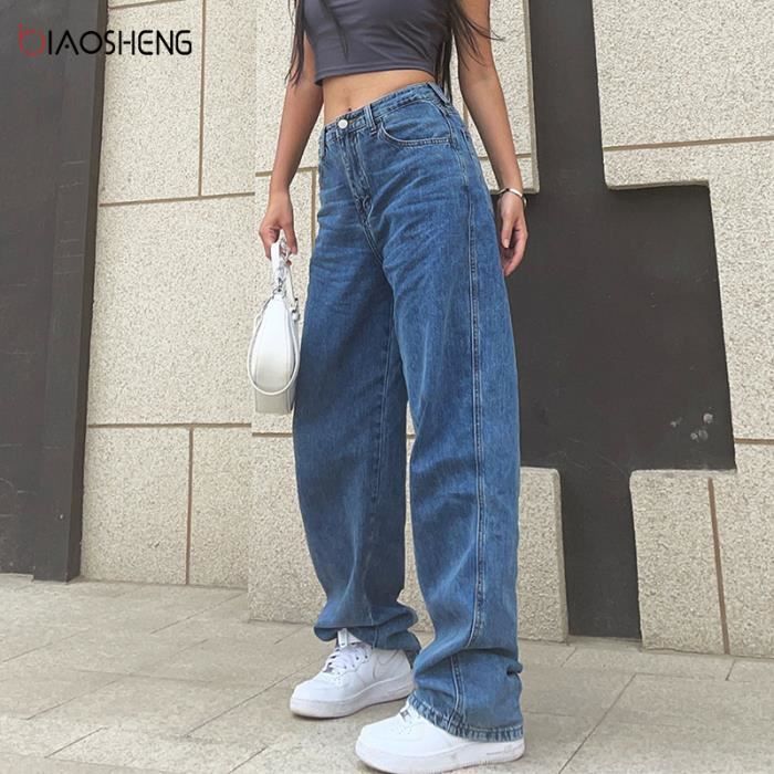 Jeans longs femmes Baggy taille haute Denim bleu delave