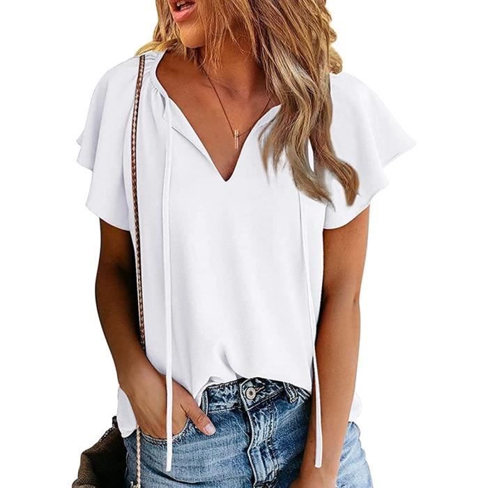 Chemisier Femme Été GRACE KARIN - Manches Volantes, Col En V, Tissu Doux, Bleu Clair Taille M