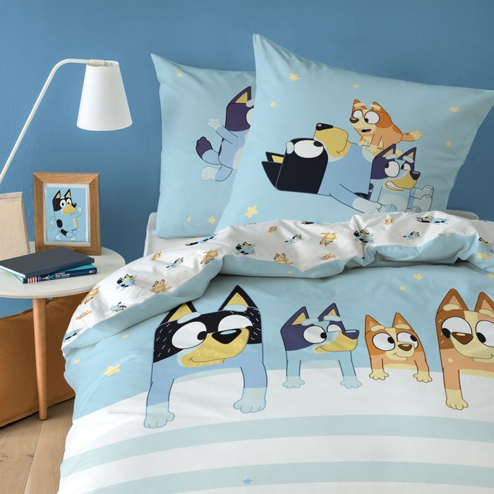 Parure de lit enfant 100% Coton - BLUEY TOGETHER - Bleu - 140x200+63x63cm