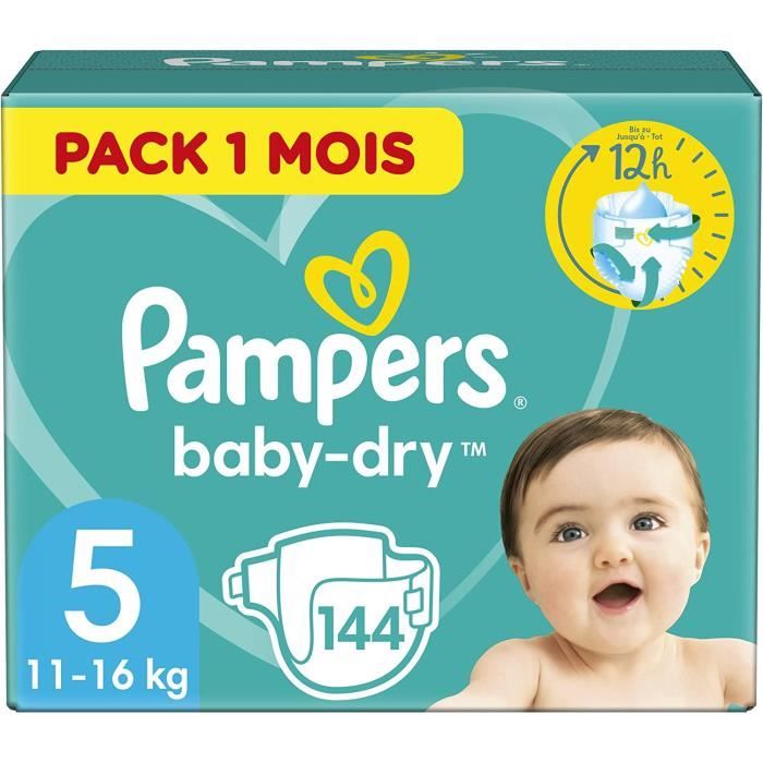 Pampers Couches Taille 5 (1116 kg), BabyDry, 144 Couches Bebe, Pack 1