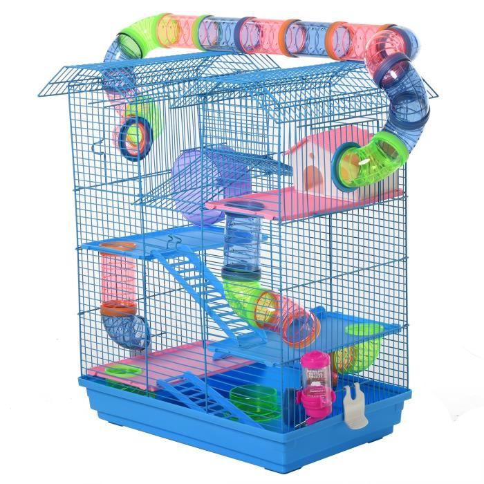 cage pour hamster souris petit animaux rongeur avec tunnel mangeoire roue jouet 47 x 30 x 59 cm cm bleu 47x30x59cm