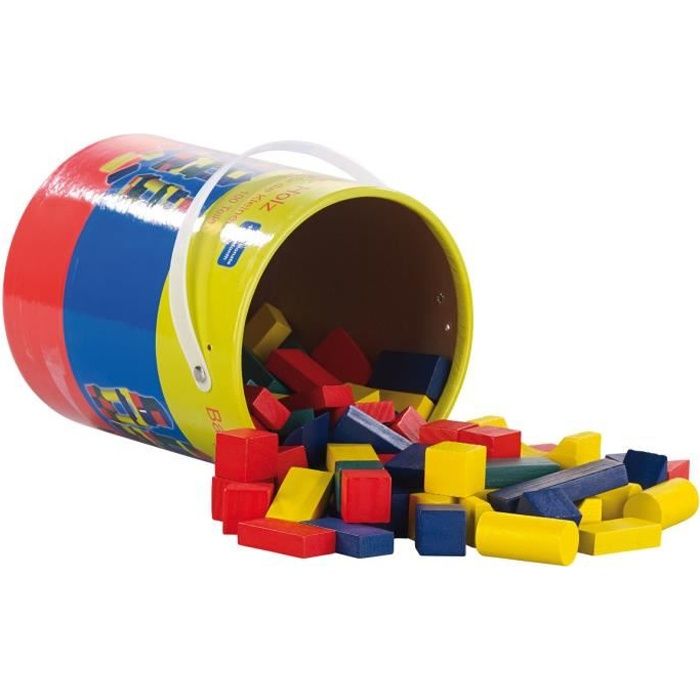 Playtastic Seau De 100 Blocs De Construction En Bois – 4 Couleurs, 6 Formes, Anse De Transport, Jeu De Motricité