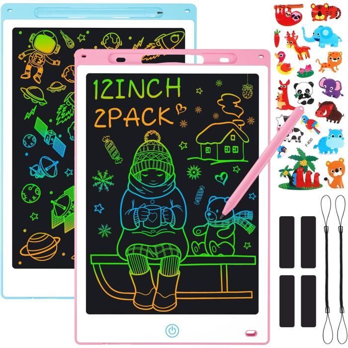Tablette Dessin Enfant 12 Pouces LCD – Ardoise Magique Réutilisable Rose Avec Autocollants
