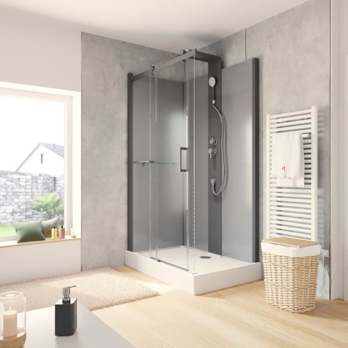 Cabine de douche intégrale 80 x 120 cm, hydromassante, porte coulissante, jets de massage, couleur noire-gris, Korsika, Schulte