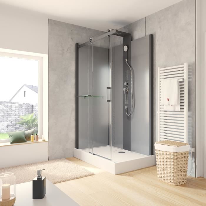 Cabine de douche intégrale ,Korsika, 80 x 120 cm, hydromassante, porte coulissante, jets de massage, couleur noire-gris, Schulte