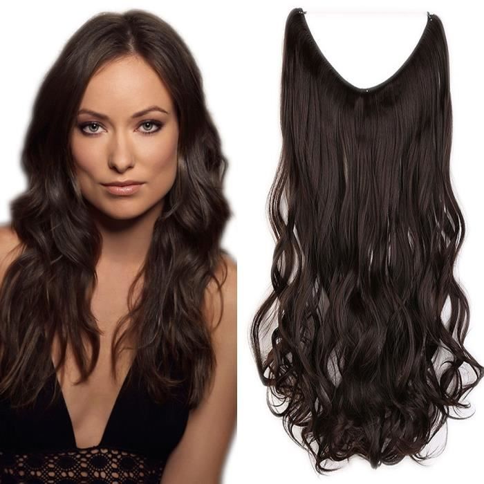 Extensions Cheveux Fil Invisible 24" Ondulé Synthétique - Marron Foncé