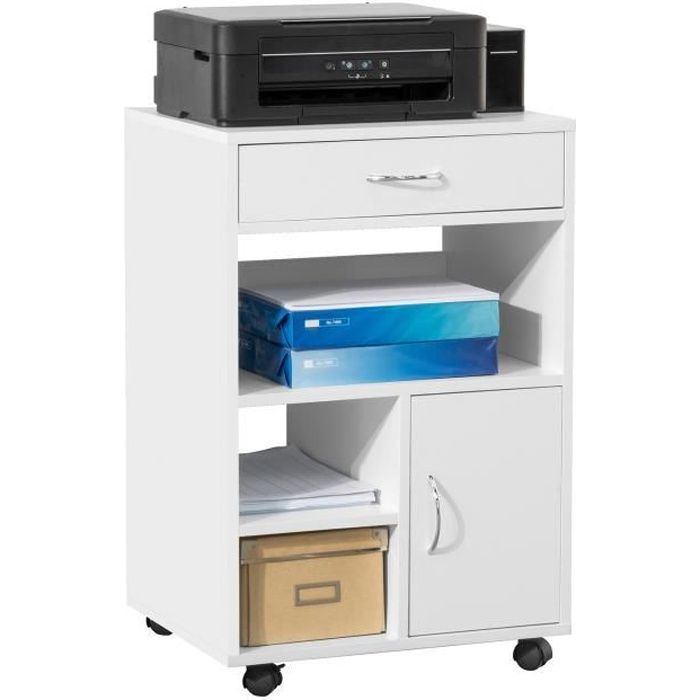 sobuy® fbt106-w support imprimante roulant bureau mobile caisson meuble de rangement bureau avec tiroir et porte blanc