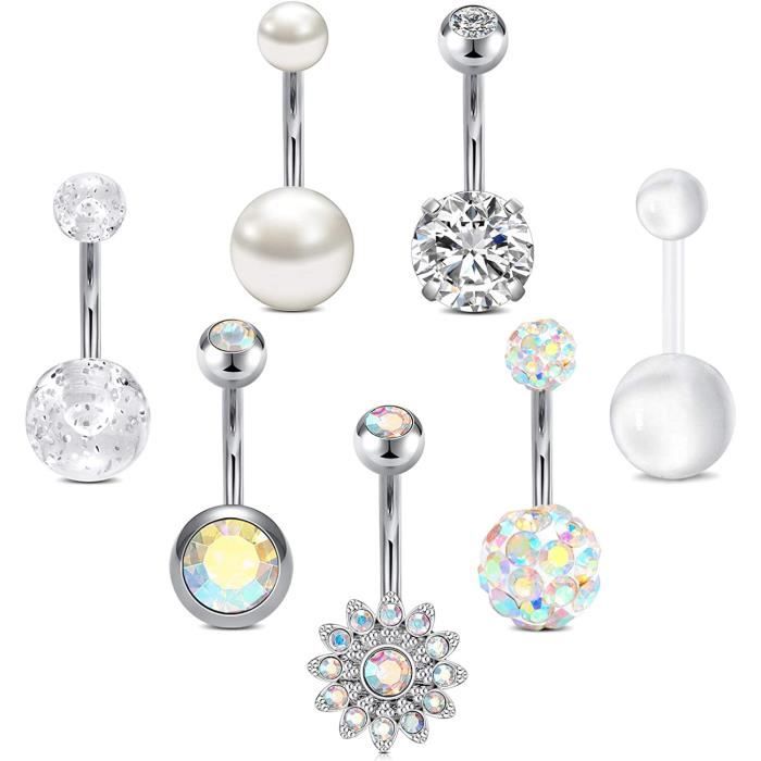 Set De 8 Bijoux Piercing Nombril Acier Chirurgical - 14G 10mm, Barres Et Anneaux Noirs - 12