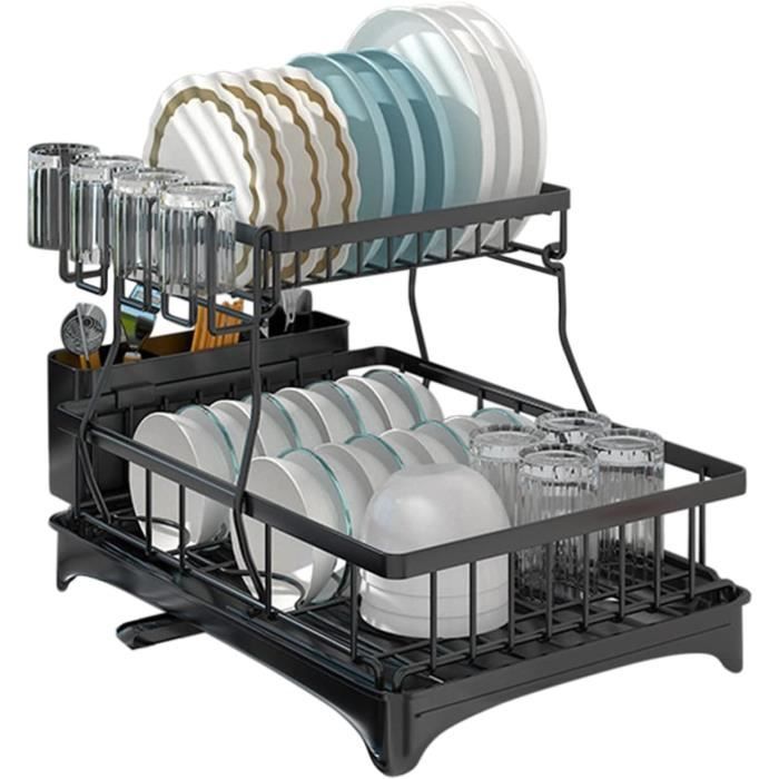 Ecofocet Égouttoir Vaisselle 2 Niveaux Noir – 42×29×29 Cm – Porte-Gobelets, Porte-Ustensiles & Plateau Égouttage Rotatif 360°