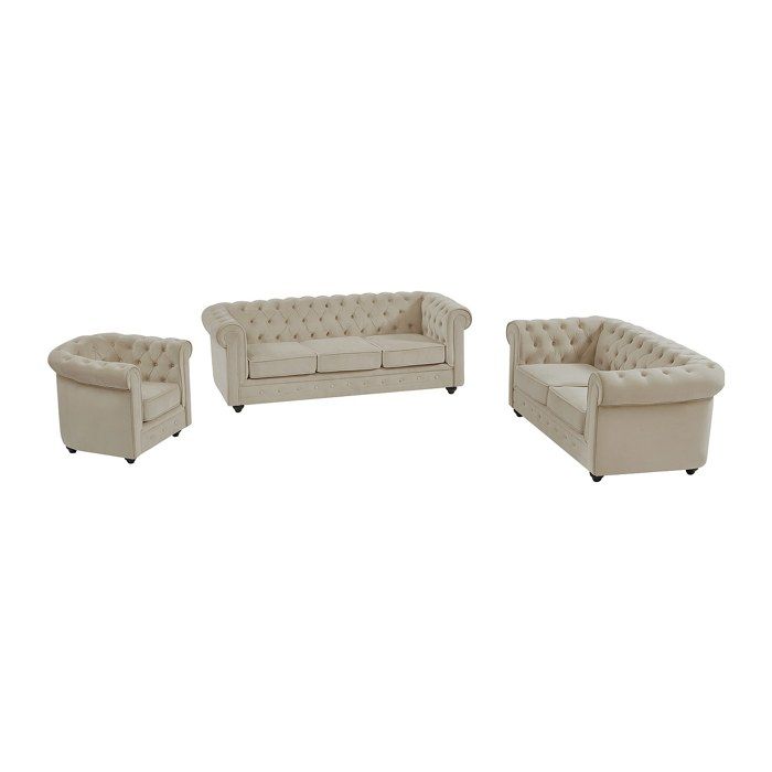 Canapé 3 places 2 places et fauteuil en velours beige CHESTERFIELD Canapé 3 places 2 places et fauteuil en velours beige CHESTERFIELD