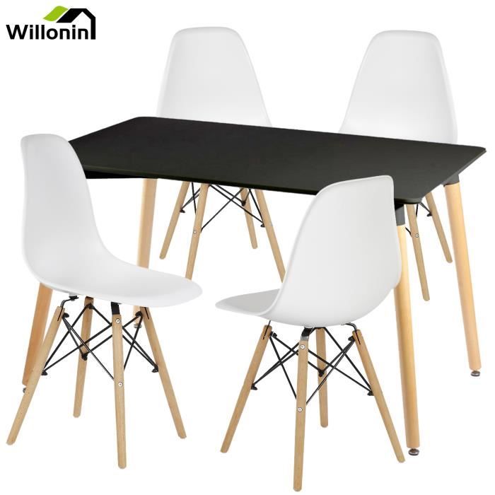 Willonin® Lot de 5, Table noir en bois, 4 x chaises Laqué Blanc et siège en PP, Ensemble pour salle à Manger, salon, balcon