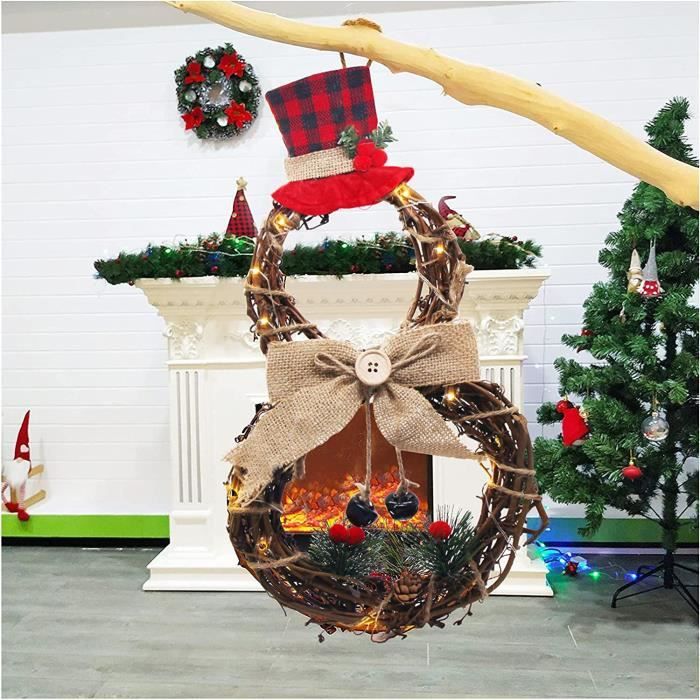 Couronne De Porte De Noël 35 Cm Avec LED - Thème Bonhomme De Neige, Rotin Et Décorations | Pour Décoration Intérieure/extérieure, Porte, Fenêtre, Mur