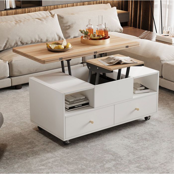 Table basse relevable pliante 100x50x47,5 cm avec 4 tiroirs, roulettes ...