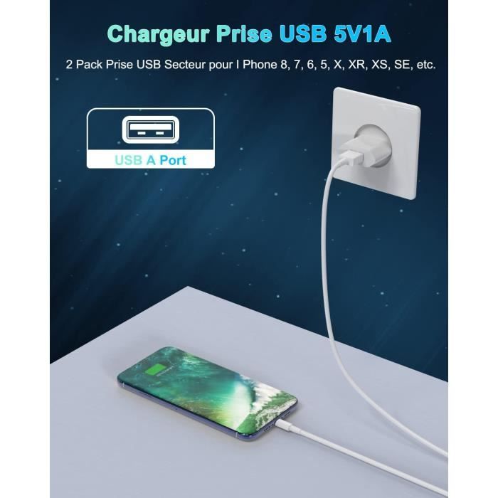 Chargeur USB, 2 Packs Prise Secteur USB pour iphone 11, 8, 7, 6, SE, X, XS,  Mini, iPad, Samsung, Xiaomi, 5V 1A Embout Chargeur iphone Adaptateur  Universel : : High-Tech