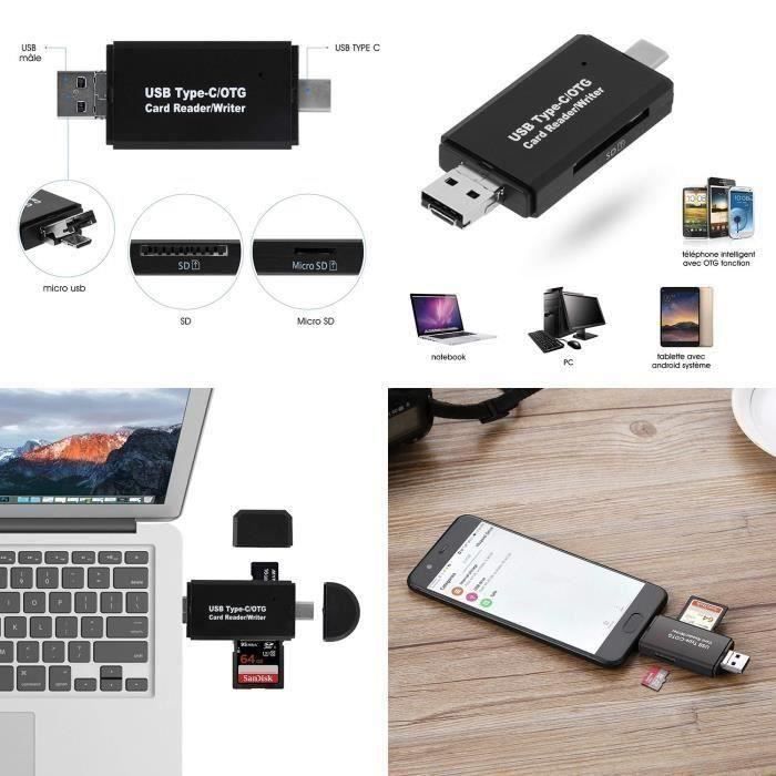 Lecteur Carte USB C Adaptateur SD/MMC/MicroSD/TF/SDXC/SDHC/Micro SDHC/Micro SDXC Avec OTG