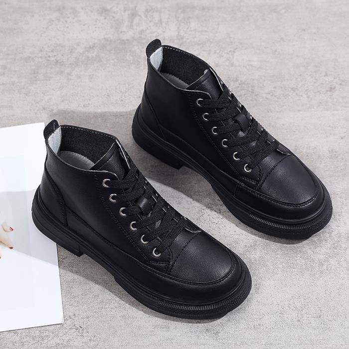 Derbies Femme en Cuir Souple a Lacets Marque Noir Talon Plat Style Mode