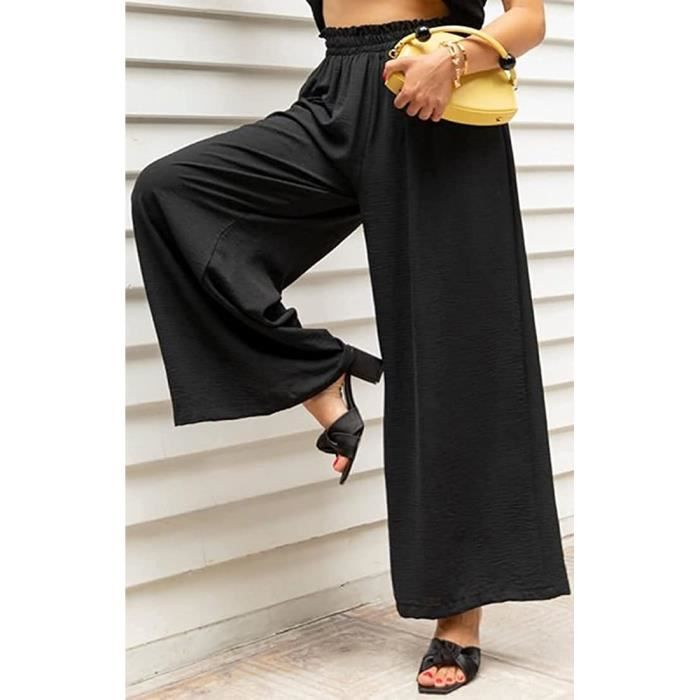 Pantalon Femme Large en Coton pour l Ete Taille Haute Noir