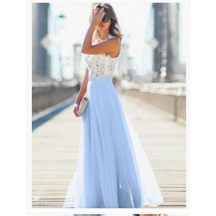 Femme Robe Maxi Longue avec Dentelle Mousseline de Soie sans Manches Elegant Dos Nu Dress de Soiree Ceremonie Cocktail Mariage Blue Blue Cdiscount Pret a Porter
