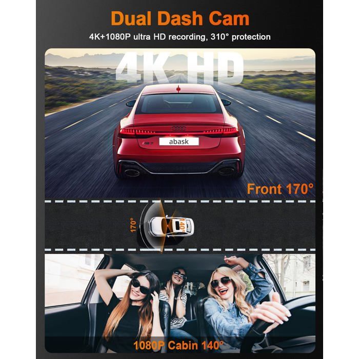 Abask Caméra de Voiture avec 32G Carte SD, Dashcam 4K WiFi, Vision