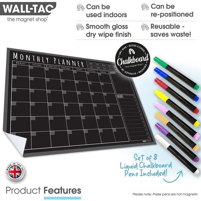 WallTAC Planning mural repositionnable effaçable à sec et tableau noir  mensuel – grille à pointillés, listes de choses à faire [499] - Cdiscount  Beaux-Arts et Loisirs créatifs