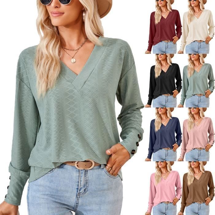 Pull Femme Manches 3/4 Col V - Tunic Léger Doublé Polaire - Haut Décontracté Chic Pour Automne/Hiver - Couleur Unie, Confortable Et Chaud