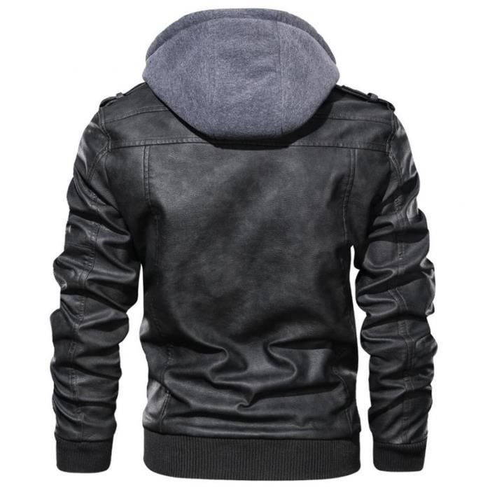 Blouson Homme en Cuir a Capuche Multi poche OEIN Noir Printemps Automne Veste en Cuir PU Noir Cdiscount Pret a Porter