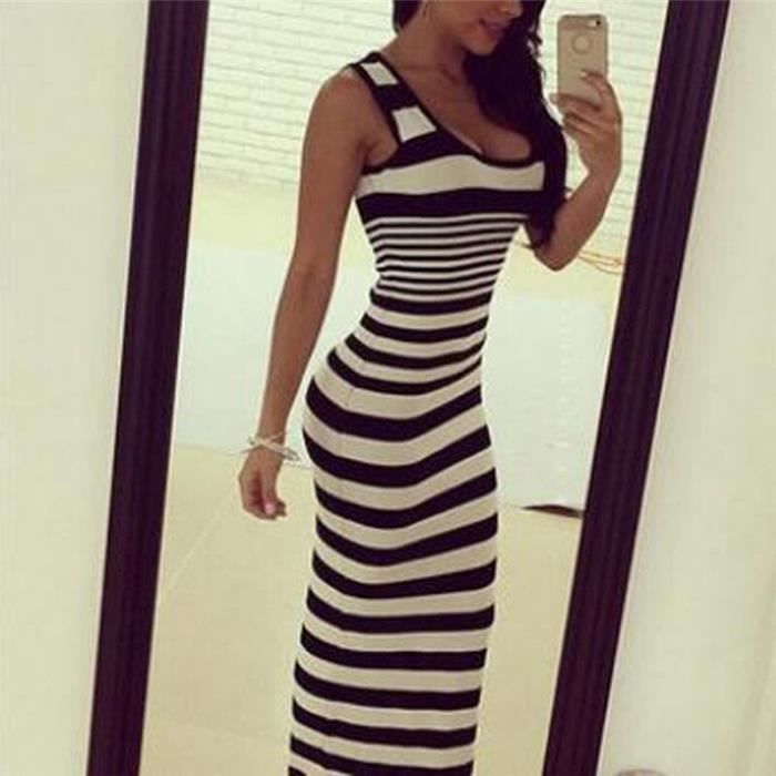 Robe moulante longue sans manches grande taille rayee Vintage pour femmes Type Black Blanc Cdiscount Pret a Porter