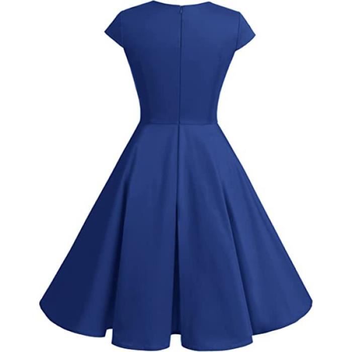 Robe de Cocktail Femme élégant rétro col carré Bleu royal Bleu